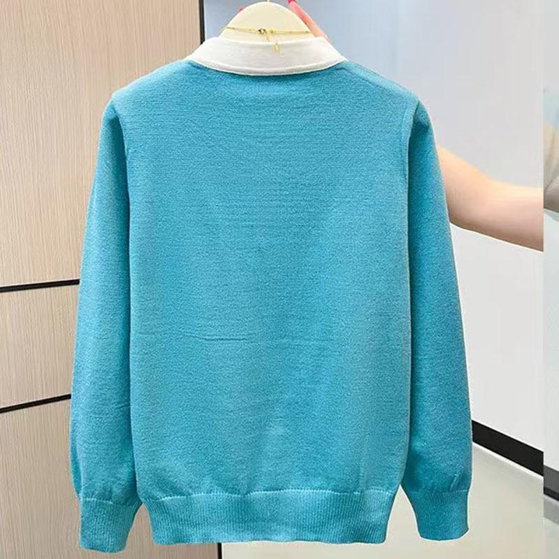 Autumn Winter Stand Collar Fake Two Pieces Knitting Patchwork Top Women Elegant Fashion Bottomed Sweater