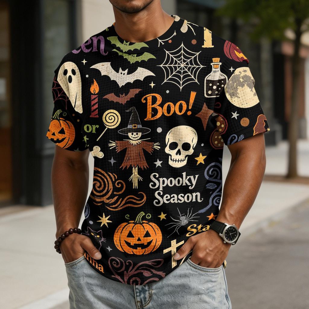 Men Short Sleeve Casual Halloween Print Polo Neck Sports Top Comfortable Lightweight Relaxed Fit Shirt for Daily Wear