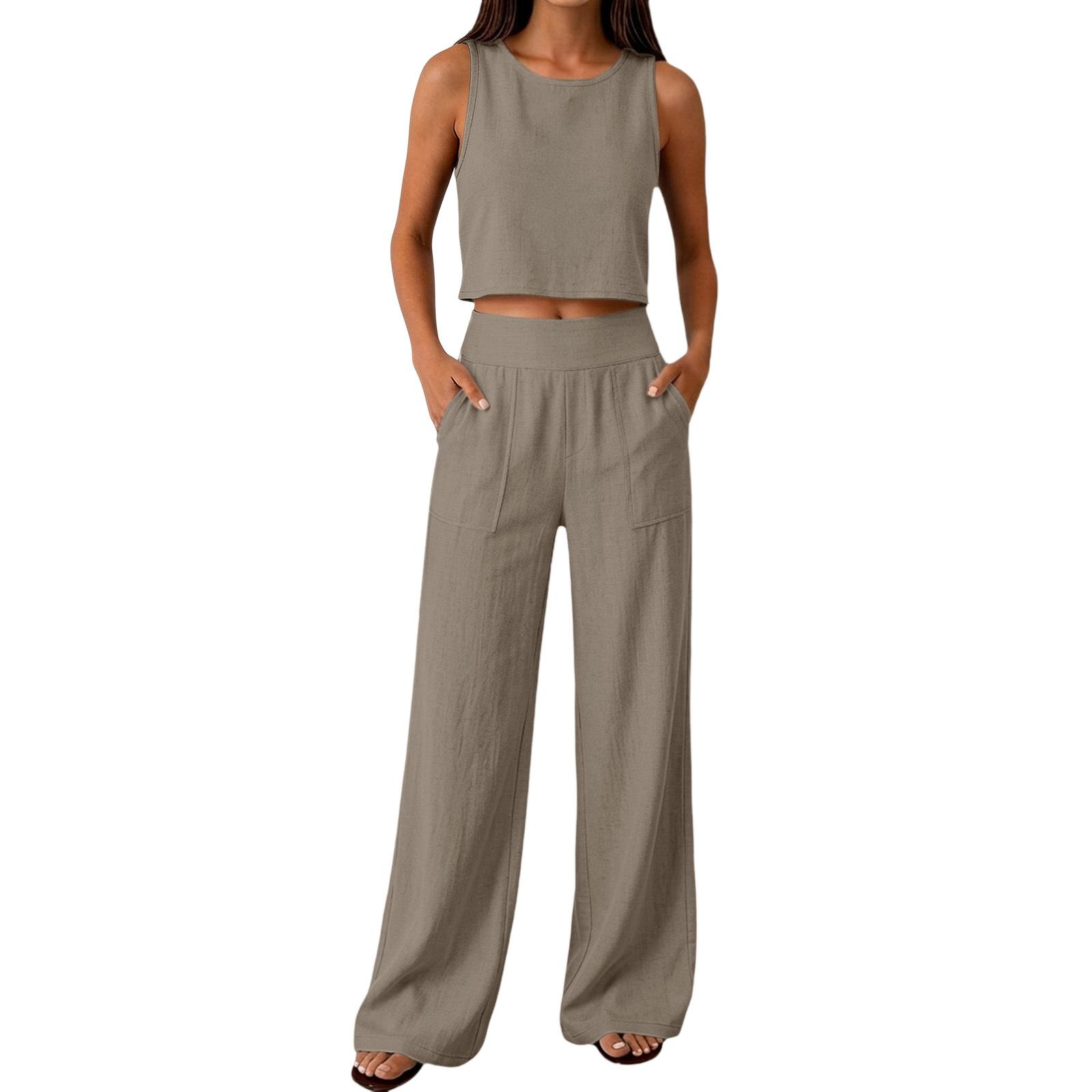 Women s Fashionable Casual Round-Neck Sleeveless Two-Piece Set XXL