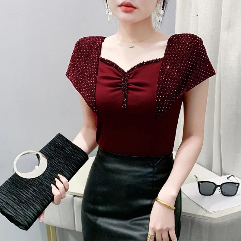 Summer Cotton Tops Streetwear Girl Sexy Square Neck Beading T-shirt Women's Shiny Diamonds Tees