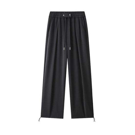 Men Pants Drawstring Waist Casual Trousers Solid Color Regular Style Long Pants with Reinforced Pockets Daily Wear