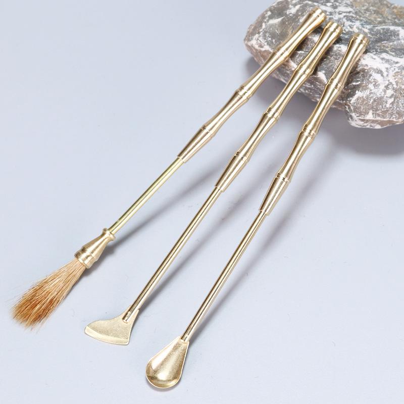 Brass Incense Ceremony Set: Natural Color Seal, Ash Press, Tamping Tool, Brush, Spade