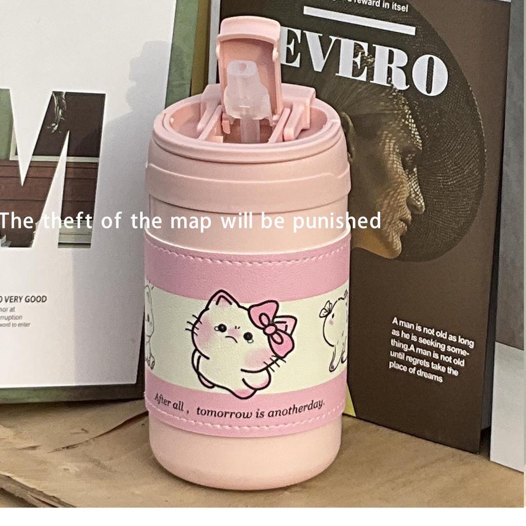 Isolierbecher aus Edelstahl mit großem Fassungsvermögen und Strohhalm - Niedliches Welpendesign für Mädchen und Studenten, tragbar und stilvoll.