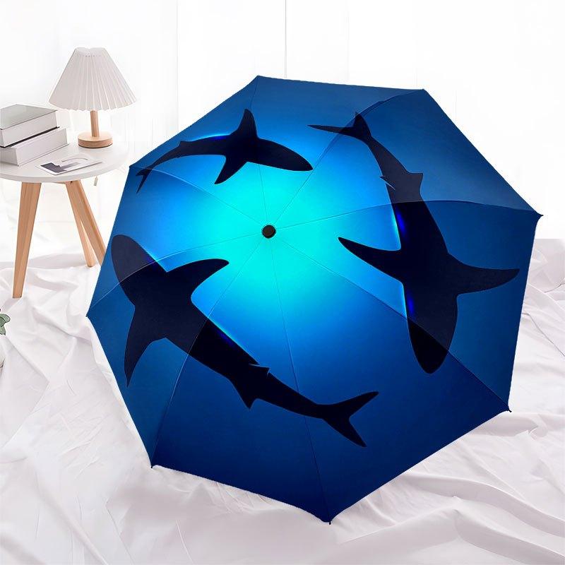 Ozeanblau Hai Silhouette Wandkunst Dekor Schirm, Niedlicher Schirm mit Niedlichem Design, Tragbarer 3-fach Kompakter Schirm für Herren & Damen, Valentinstag