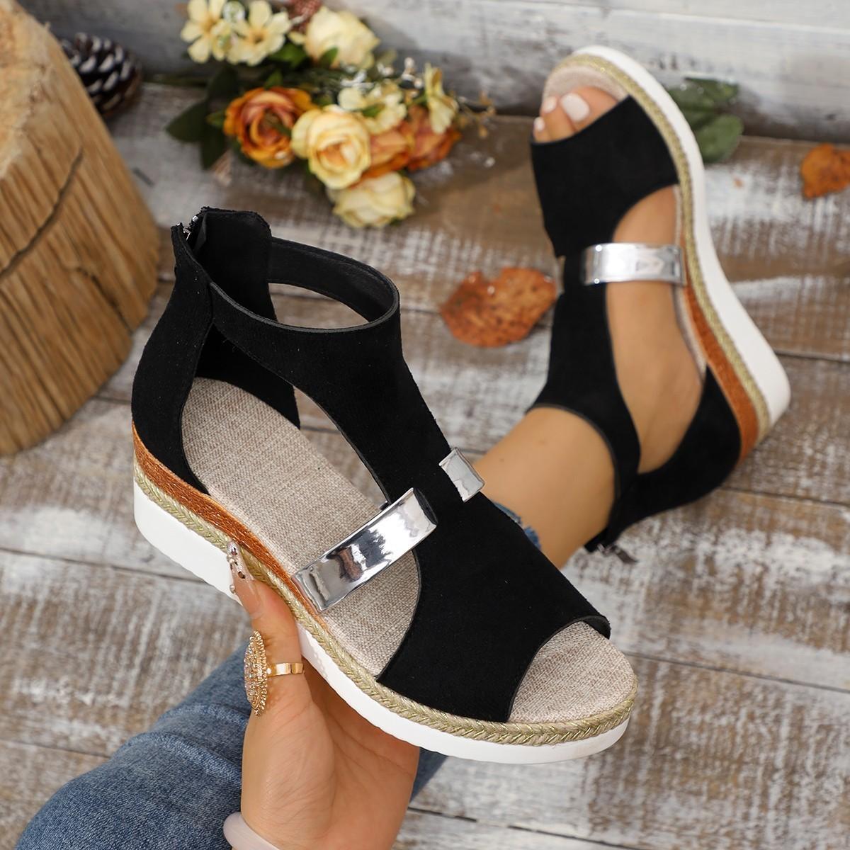 

European and American foreign trade large size wedge heel sandals women s 2025 spring and summer new fish mouth open toe rear zipper Roman sand 36 чёрный