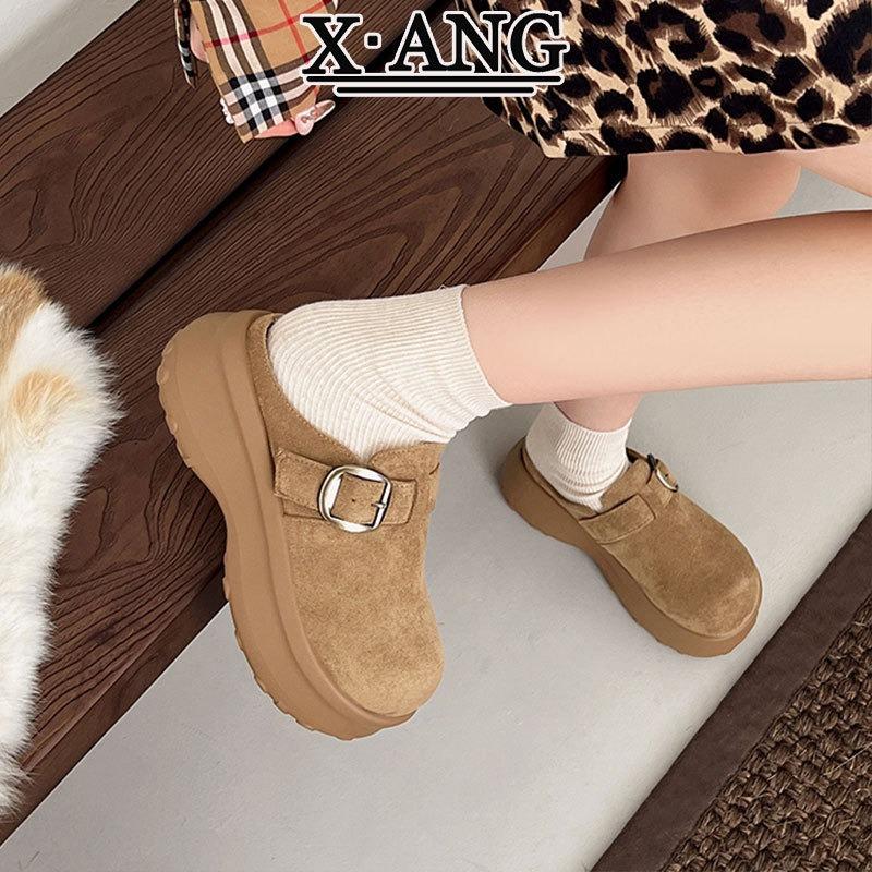 Cowhide version thick-soled heightened bag head half slippers women wear autumn new one-pedal single shoes
