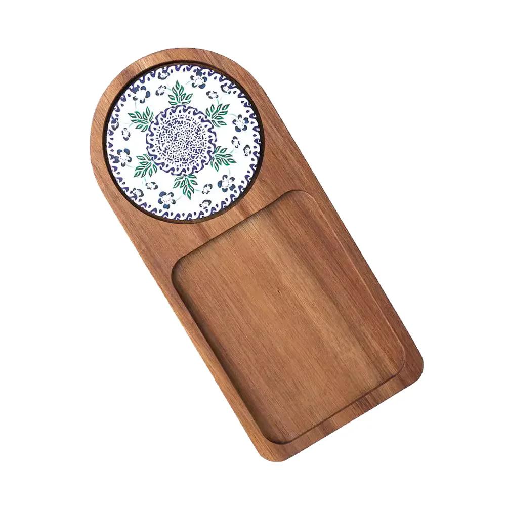 Japanese Wooden Tray with Ceramic Coaster for Cups Plates Retro Bread Dessert Breakfast Display