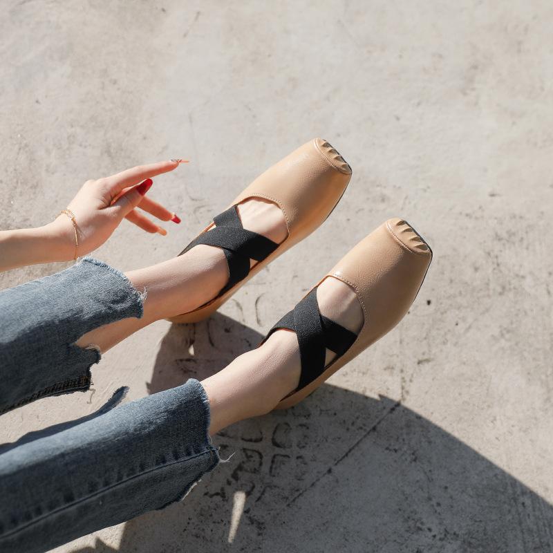 Mary Jane Crossover i äkta läder med fyrkantig tå Vintage Block Heel Balett Skor Singelskor