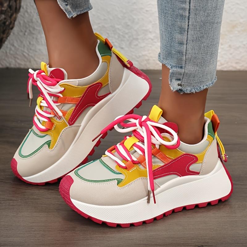 Women's Fashion Sneakers | Colorful Striped Low-Top Lace-Up Casual Shoes with Thick PVC Sole, Synthetic Upper & Comfortable Fabric Lining