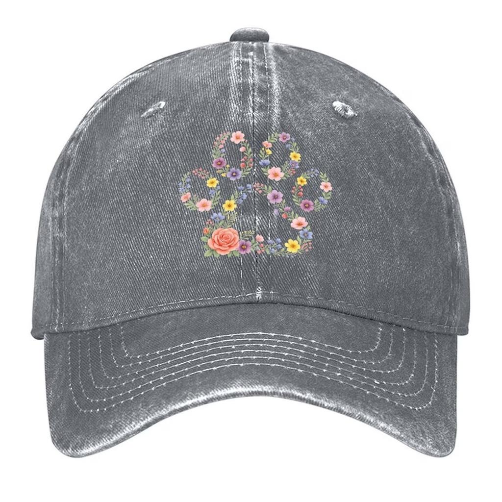 Floral Paw Print Washed Baseball Cap Casual Cotton Curved Brim Dad Hat Unisex Outdoor Adjustable