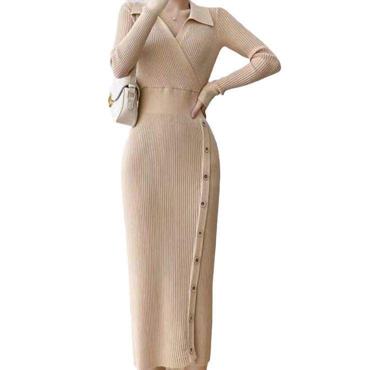 Podzimní a zimní pletené šaty s klopou, slim fit, ke kolenům, pletené šaty s kabátem uvnitř, 4 barvy