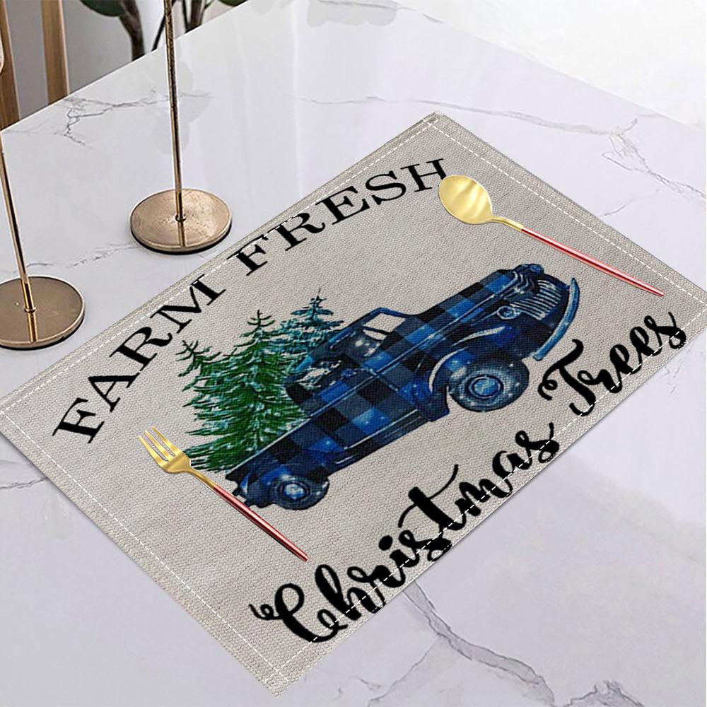 Christmas Linen Placemat Table Coffee Mat Navy Blue Reindeer Abstract Tree Snowflake Joyful Plaid Decorative Dining Holiday