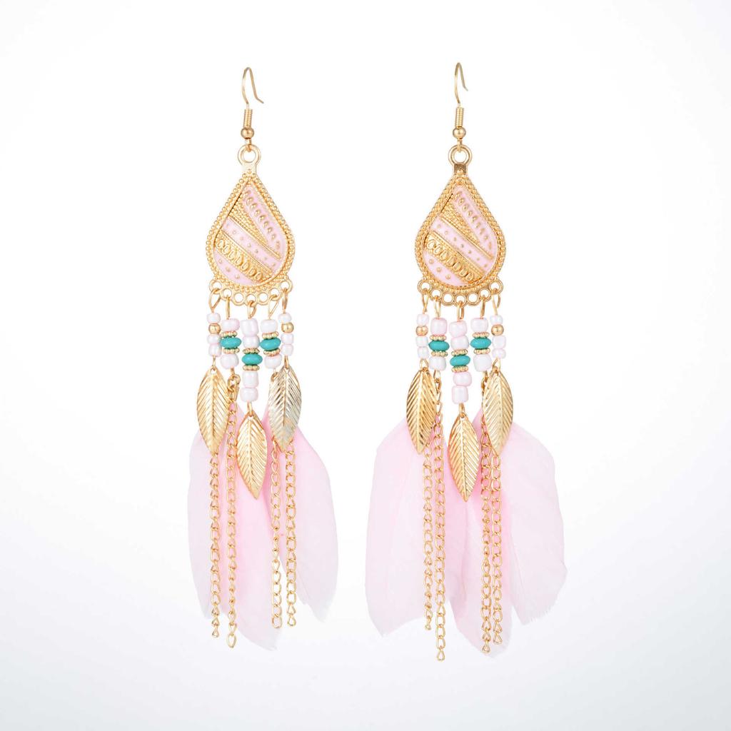 Vintage Bohemian Feather Tassel Earrings Exaggerated Ethnic Vacation Dangle Ear Jewelry Fashion Accessories For Women
