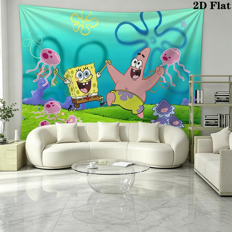 Cartoon Spongebob Wall Tapestry Aesthetic Wall Hanging Printed Fabric Blanket Decorative Tapestries for Bedroom Living Room Home Decor