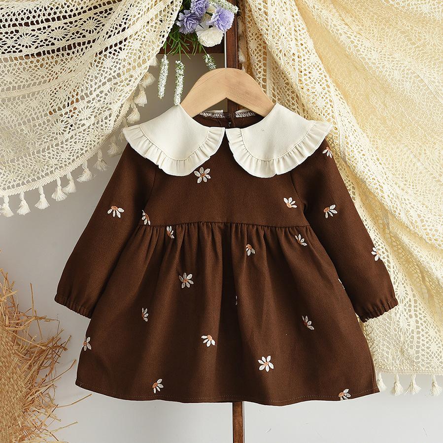 Baby Mädchen Kleid mit floraler Stickerei, Umlegekragen, langen Ärmeln, Frühling/Herbst-Stil