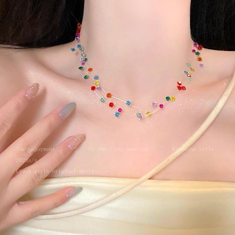 Color dopamine beaded necklace niche design fashion collarbone chain light luxury high temperament versatile necklace women