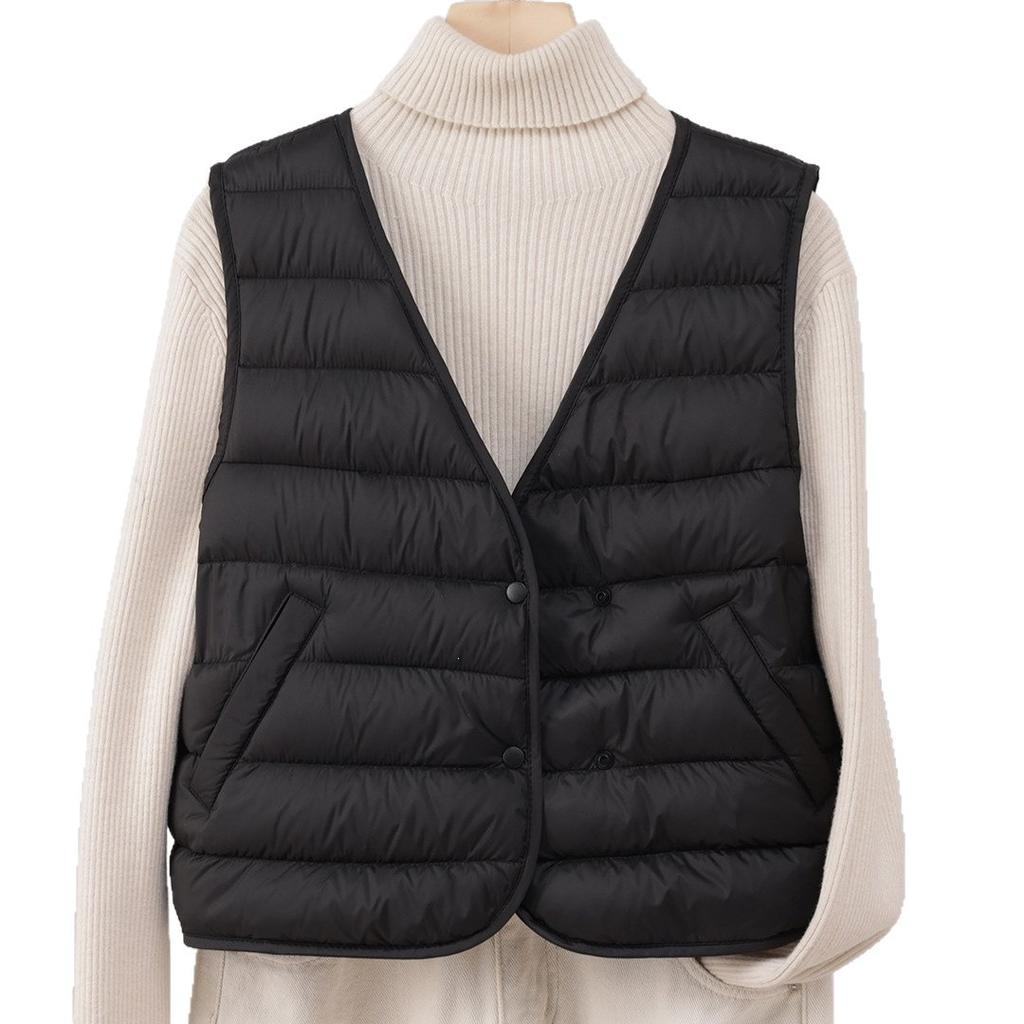 High-end Light Luxury Goose Down~ New Women's Bottom V-neck Down Vest, Light and Slim Women's Collarless Vest