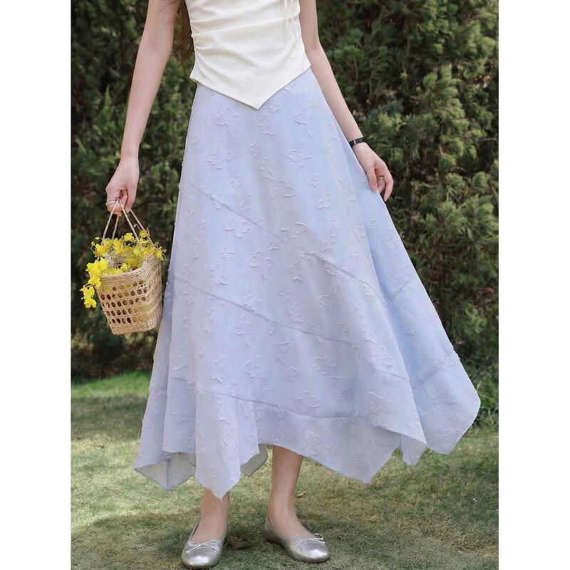 

Elegant Light Blue Jacquard A-Line Long Skirt M