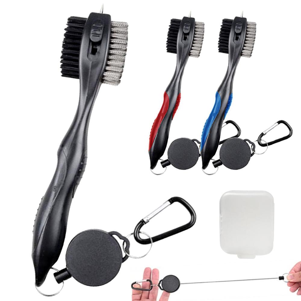 Golf Club Brush Cleaner Double-Sided Wire/Nylon Bristles with Retractable Clip Hook For Iron Wood Groove Cleaning Tool