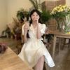 Sweet Ruffled Short Sleeve New Dress for Women Straps Waist V-neck Princess Skirt