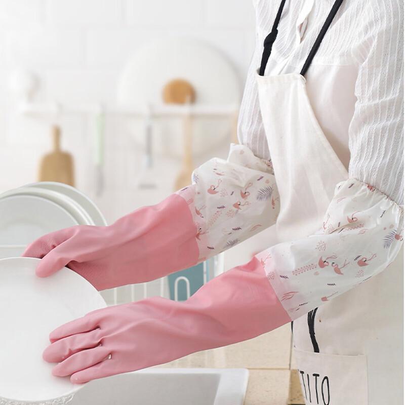 Warm Fleece-Lined Rubber Household Gloves with Extended Cuffs