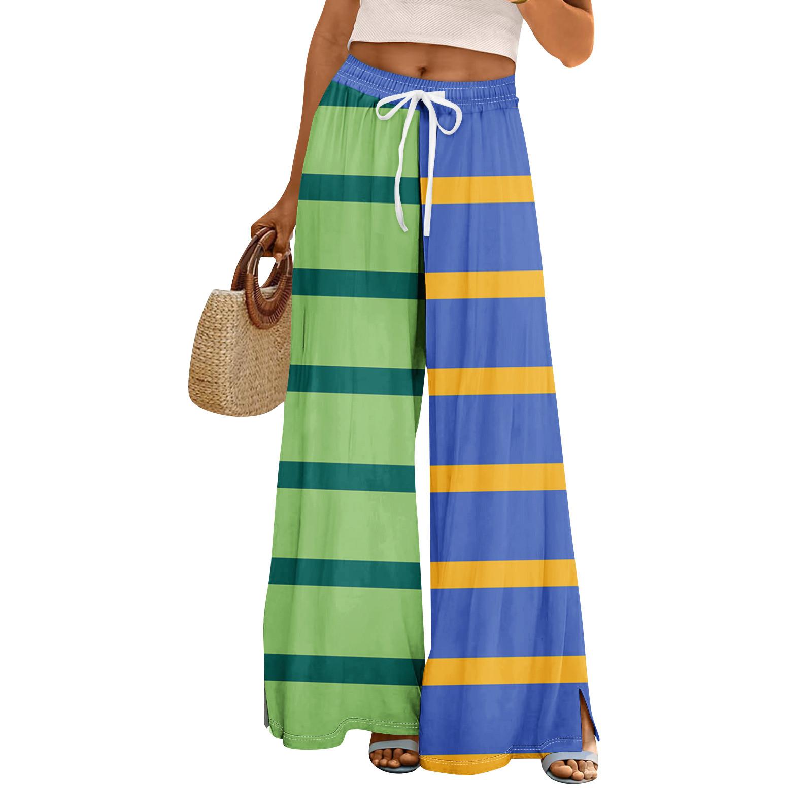 

Женские летние брюки-палаццо в стиле бохо с высокой талией, широкие повседневные брюки с цветочным принтом и карманами XL зелёный