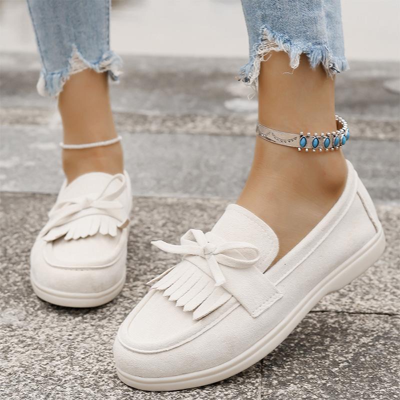 Fashion Plus Size 36-43 Retro Tassel Bowknot Flats Women Solid Color Faux Suede Flat Shoes Women Sneakers Wear Resistant Casual Shoes