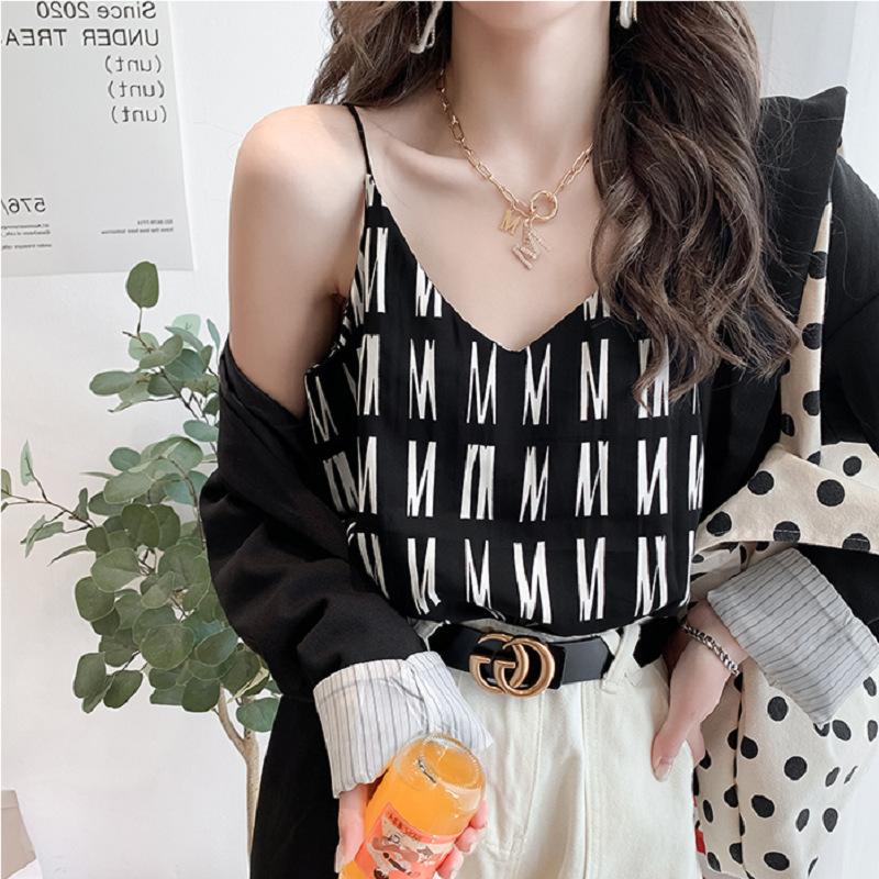 Thousand Bird Grid V-neck Chiffon Halter Vest Female Summer Net Red Suit with Sleeveless Outside To Wear A Loose Shirt