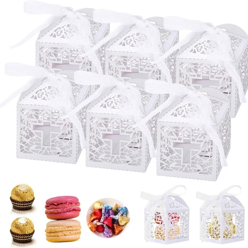 White Crosses Embellished Party Favors Boxes White Paper Treat Boxes with Hollow Crosses for Wedding and Christmas Gifts