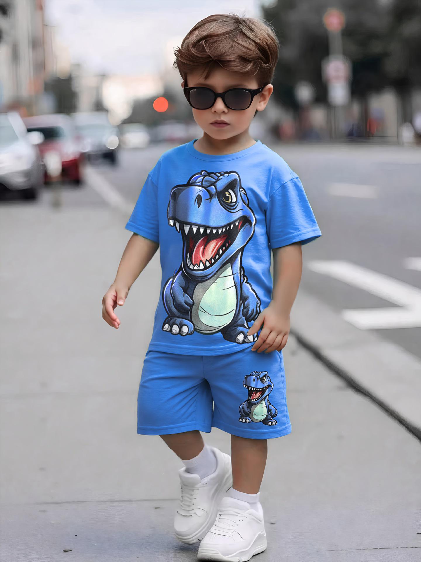2025 Kinder 3D Dinosaurier Sportdruck Kurzarm Set 110 cm blau