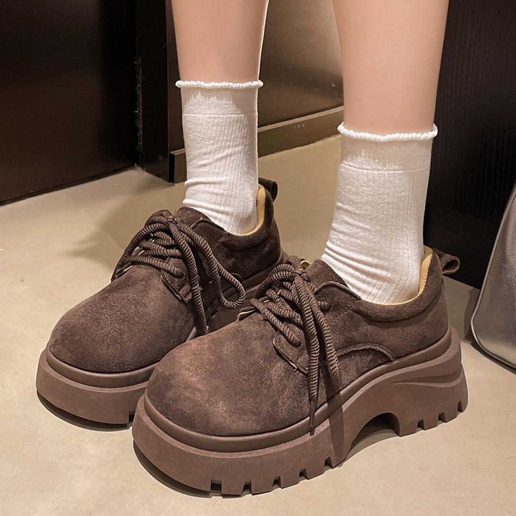 Platform Loafers Women Autumn New Vintage Comfortable Lace Up Fashion Single Shoes Outdoor Non Slip Height Increase Casual Shoes