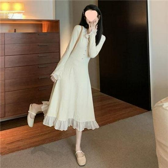 

Женское трикотажное платье с длинным рукавом большого размера - Облегающее, Длины выше колена, Скрывающее живот для весны и осени XL (recommended for 60-70 kg) слоновая кость/белый