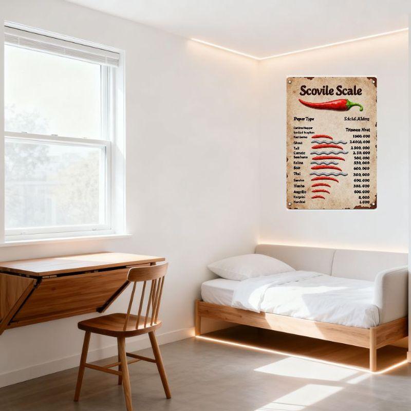 Vintage Scoville Skala Chilipeppar Värmenivå Metallplåtburksskylt - Rustik Åldrad Väggplakett för Kulinarisk Heminredning, Restaurang Bar M