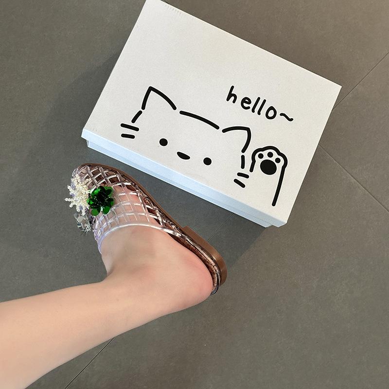 Baotou Half Slippers Korean Version Niche Design Cool Slippers Women's 2025 Summer Hollow Sequins Crystal Sandals Breathable