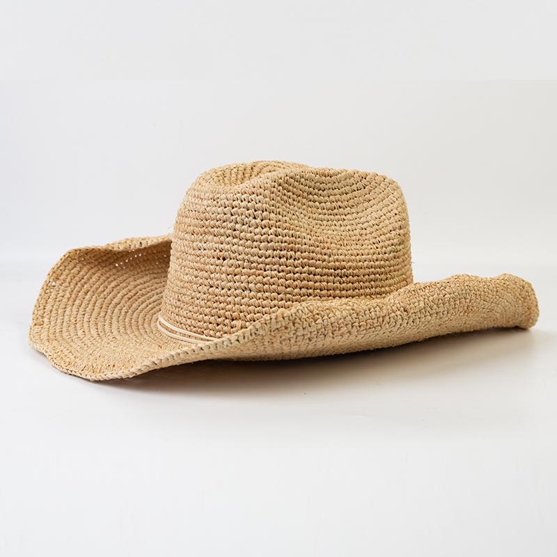 Handgehäkelter Western-Cowboyhut aus natürlichem Raffiastroh für Damen Herren Sommer Breiter Rand Sonnenhut Outdoor Atmungsaktiv Strand Panama