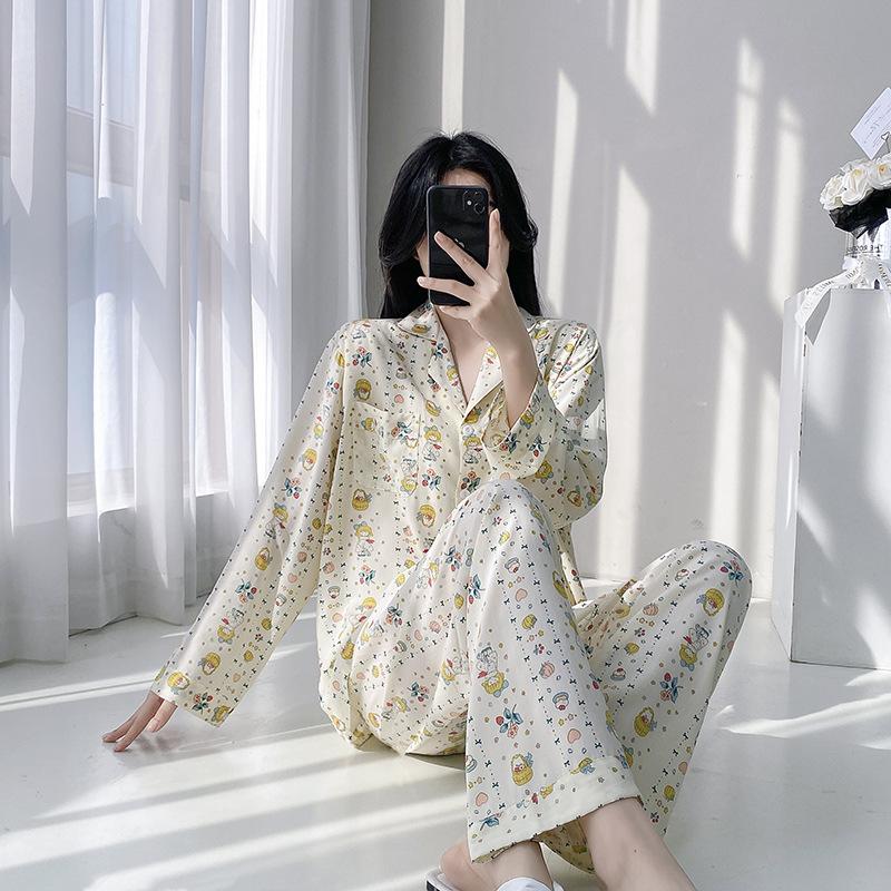 1011 Cotton and Silk Pajamas Women's Long-sleeved Trousers Large-size Two-piece Suit Girl Cute and Sweet New Loungewear