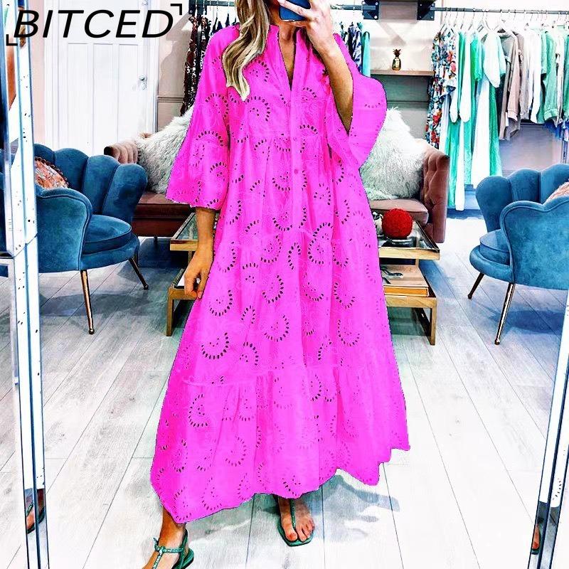 BITCED Women's Summer/Autumn V-neck Bell-Sleeve Lace-Embellished Solid-Colour Sensual Long Dress