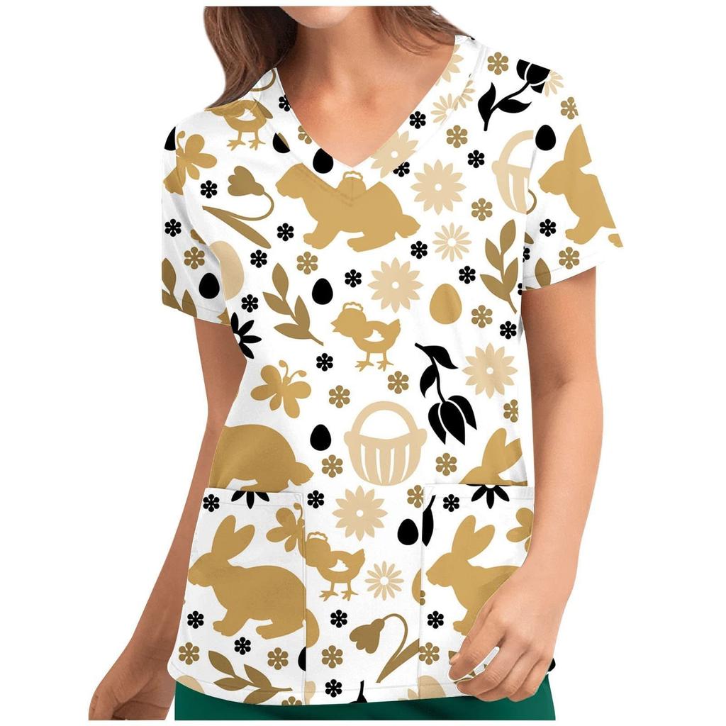 European and American New Nurse Printed Shirt V-neck Short Sleeved Base Women's T-shirt