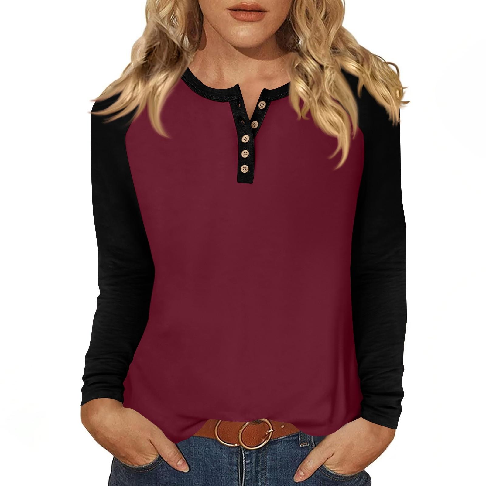 

Женская футболка с принтом, длинный рукав, повседневная мода, базовая, круглый вырез, пуговицы, рукав реглан, топ XL винный