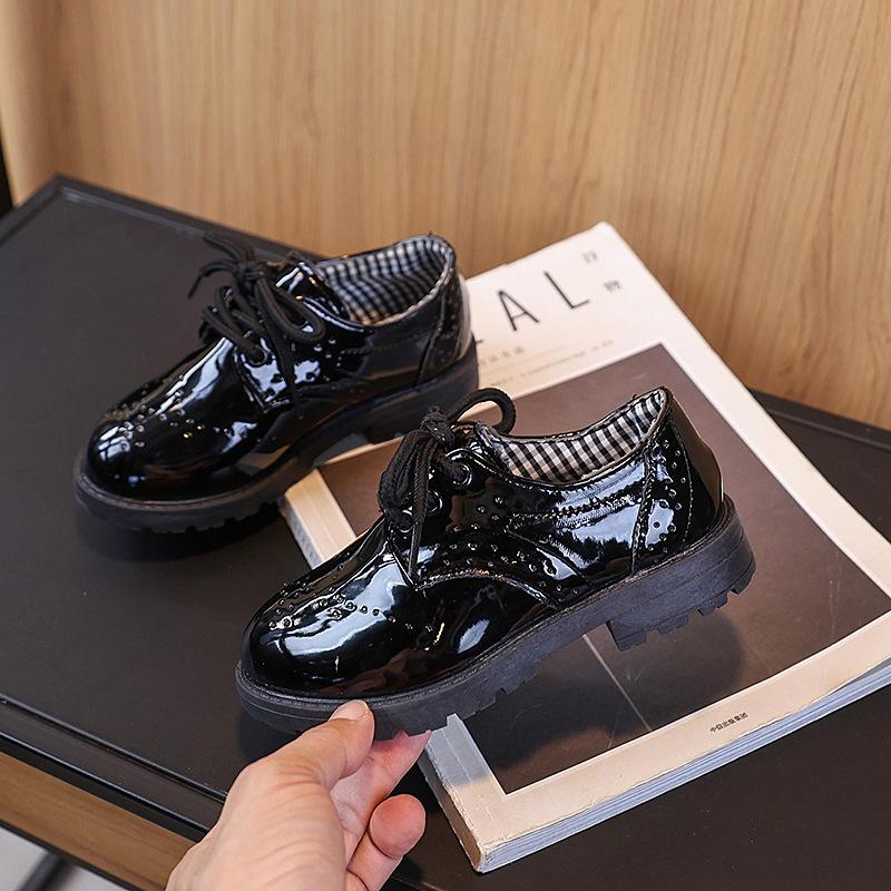 Boys Black British Round Toe Leather Shoes Student Wedding Pageant Performance Dress Shoes