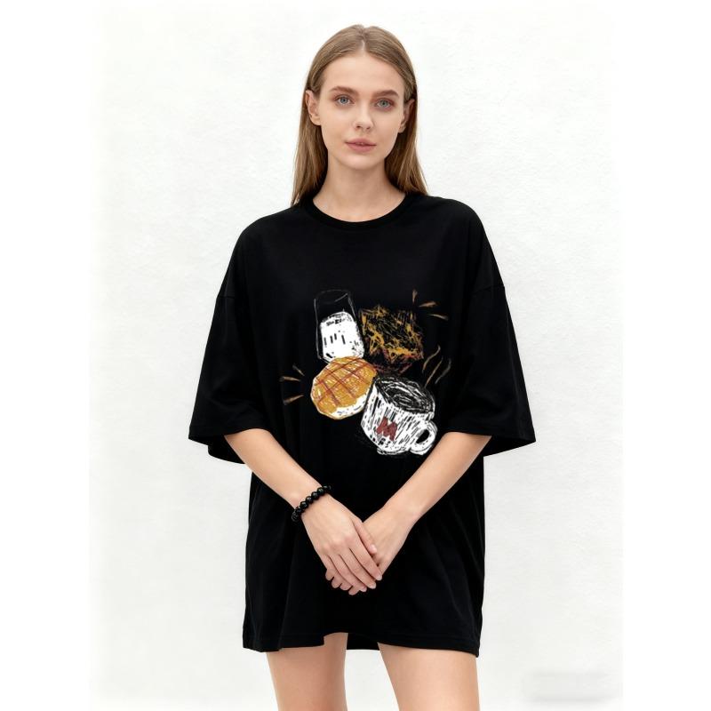 Oversized T-shirt Svart Kaffe och Pannkakor Tryck Casual Vardagsklädsel