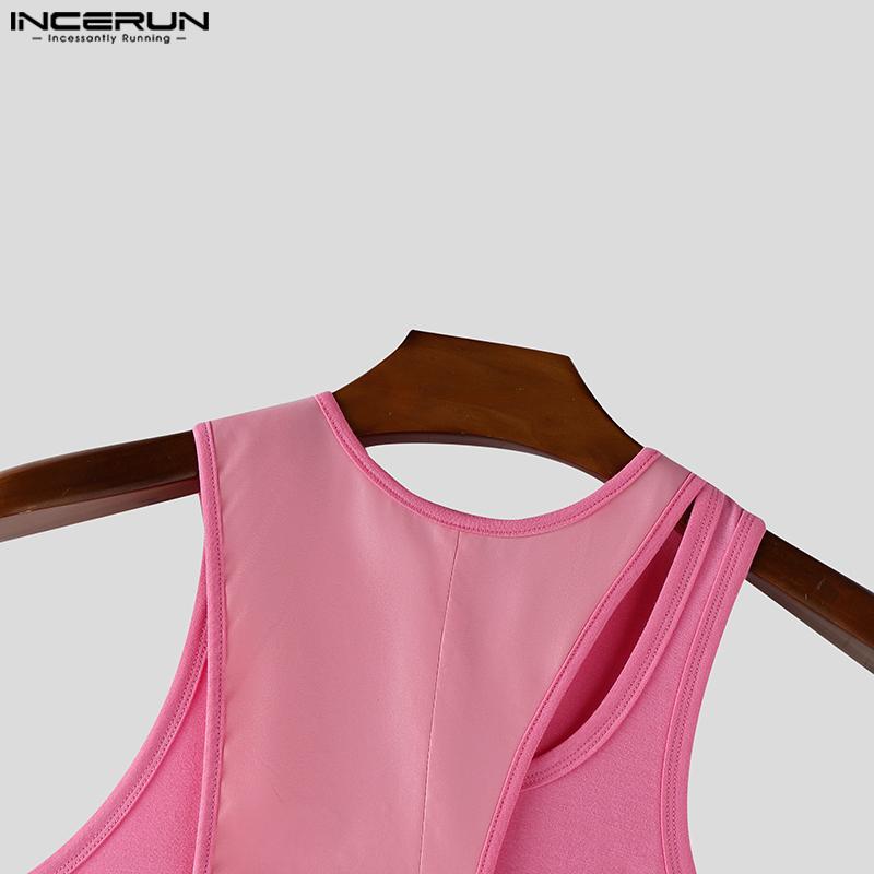 INCERUN Men Sleeveless Front Cross Irregular Casual Patchwork Tank Tops