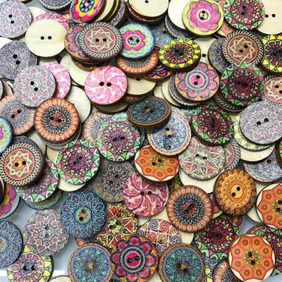 100pcs/Bag Round Assorted Floral Printed Wooden Decorative Buttons for DIY Sewing Crafts