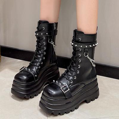 Platforma Biezi Gotikas Zābaki Sieviešu sprādze Rudens Kurpes Sieviešu Ķīļi Ceļgaliem Augsti Zābaki Punk Street Cosplay Botas Motocikla Ķēde