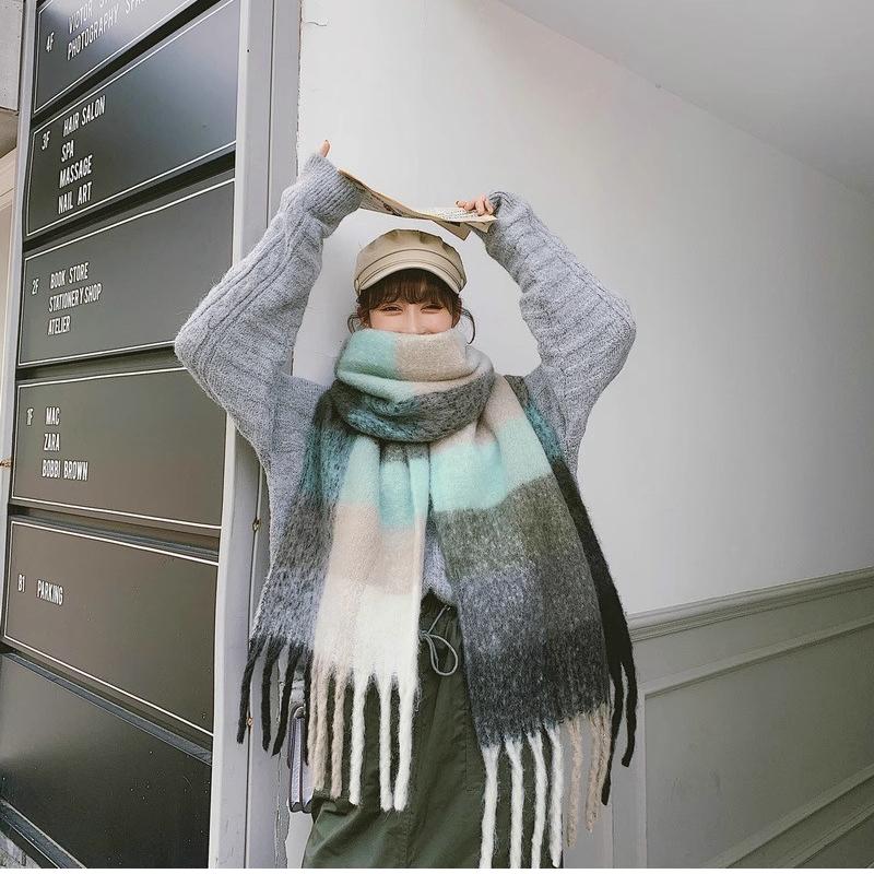 Winter Scarf For Women Luxury Cashmere Warm Rainbow Plaid Pashmina Blanket Shawl Thick Soft Bufanda Wraps Long Poncho Echarpe
