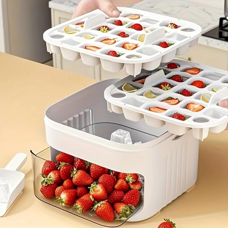 Compact Double Layer Ice Cube Tray With Lid And Bin, Pull-Out Ice Drawer With Portable Handle, Kitchen Accessories, Gadgets