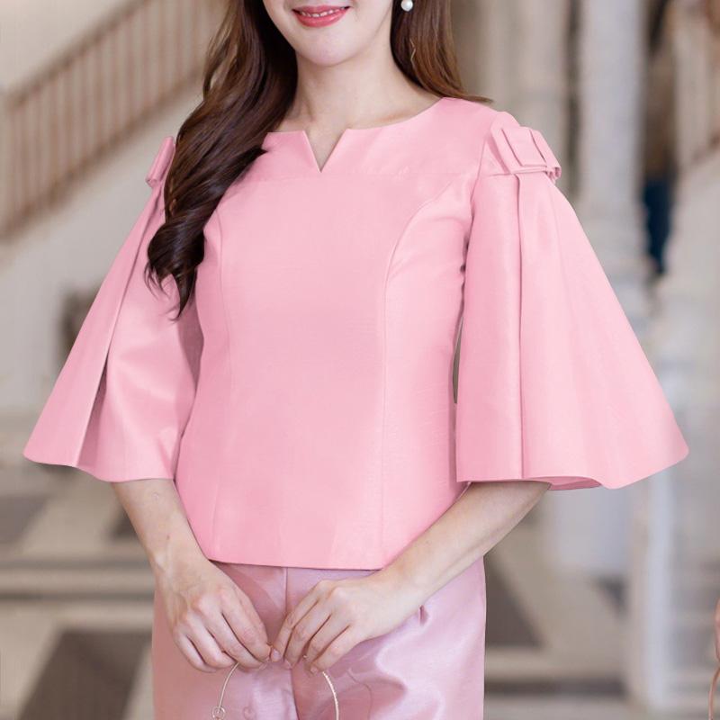 

ZANZEA Womens Casual V-Neck Loose Flare Sleeve Plain Blouse 4XL рожевий