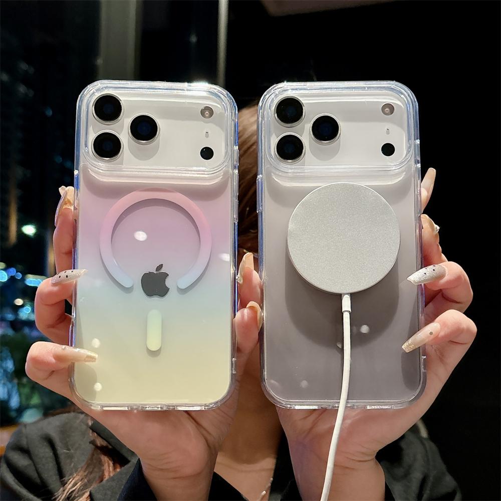 Transparent Gradient Magnetic Wireless Charging Phone Case For iPhone 17 16 15 14 13 Pro Max Plus For Magsafe Shockproof Cover