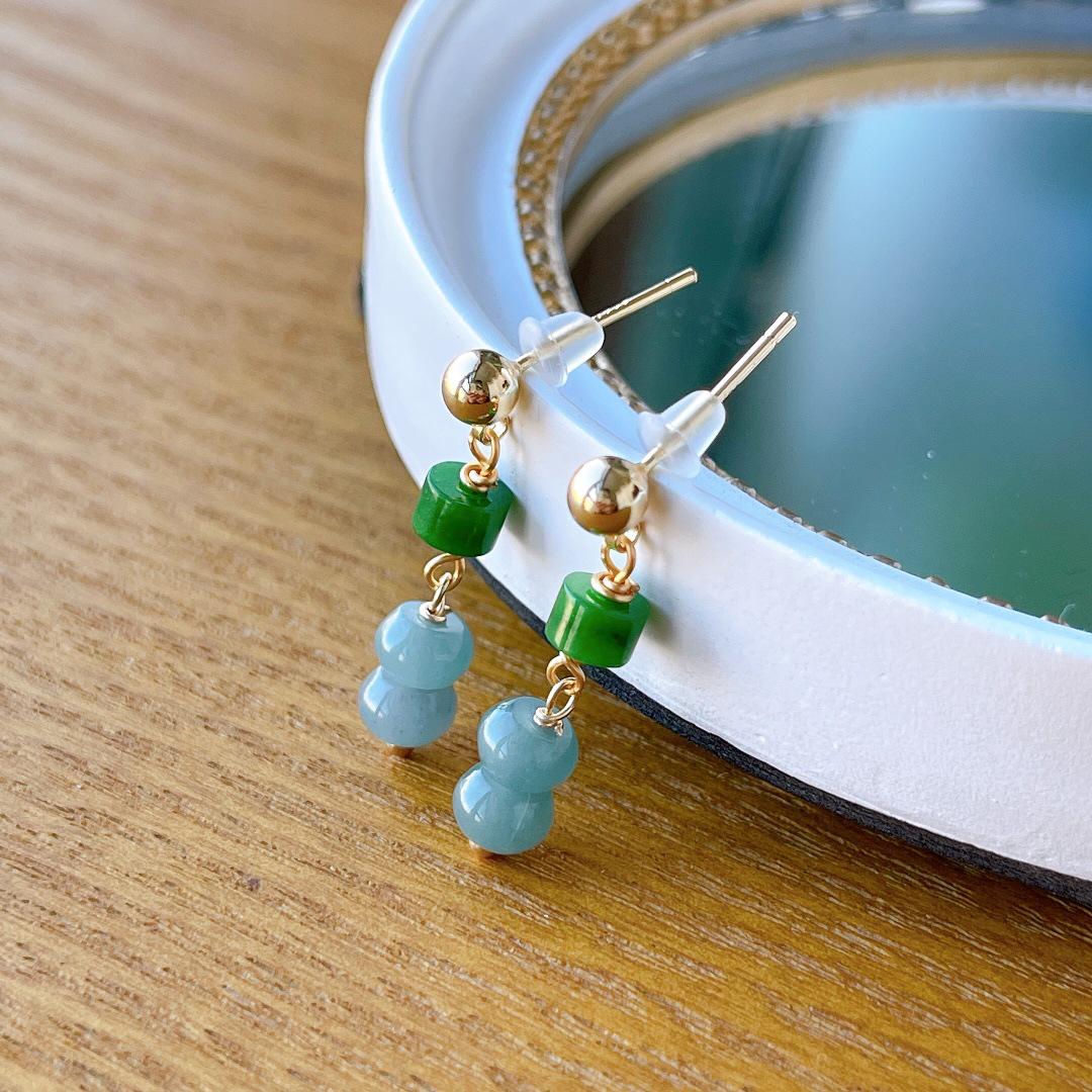 Premium Natural A-Grade Ice Blue Jade Stud Earrings with Dry Green, 14k Gold Plated. Stud Earrings