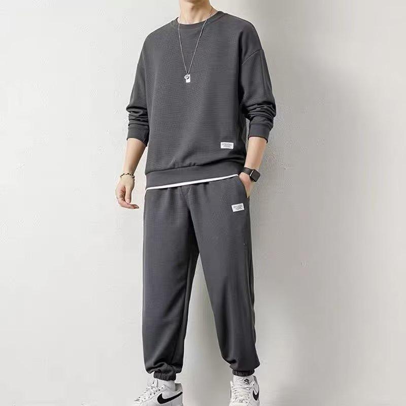 

Мужской модный повседневный спортивный костюм на осень/зиму - вафельный топ с длинными рукавами и универсальные брюки M